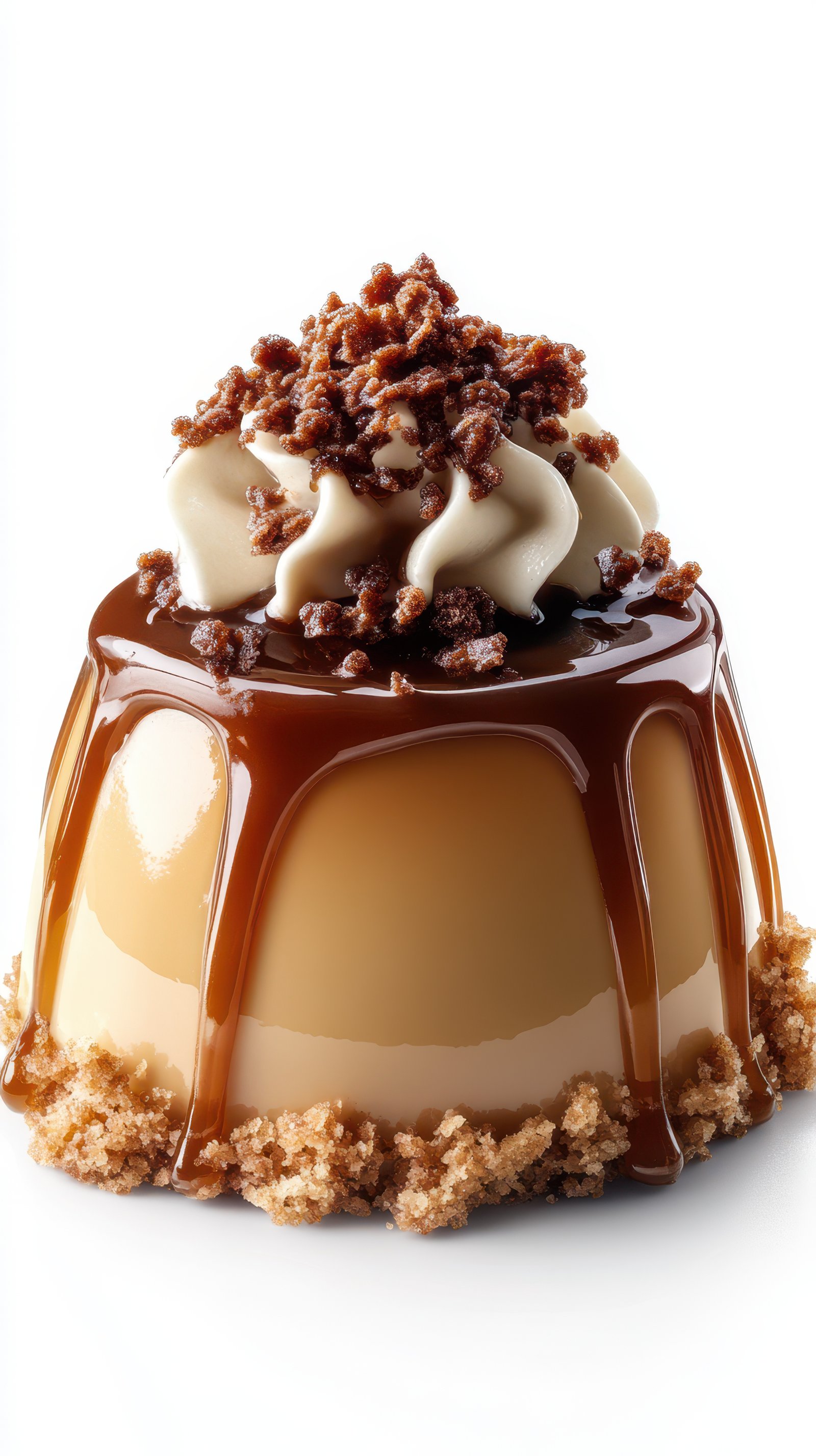 Delicious caramel dessert topped with whipped cream and crunchy sweets on a white background